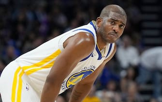SACRAMENTO, CALIFORNIA - OCTOBER 27: Chris Paul #3 of the Golden State Warriors looks on against the Sacramento Kings during the second half at Golden 1 Center on October 27, 2023 in Sacramento, California. NOTE TO USER: User expressly acknowledges and agrees that, by downloading and or using this photograph, User is consenting to the terms and conditions of the Getty Images License Agreement. (Photo by Thearon W. Henderson/Getty Images)