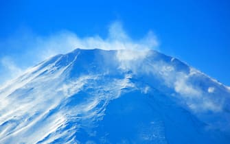 Mt. Fuji in a cloud of snow