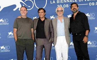 (L-R) Italian actor Valerio Mastandrea, Italian actor Adriano Giannini, Italian actor Toni Servillo and Italian actor Piefrancesco Favino, pose at a photocall for 'Adagio' during the 80th annual Venice International Film Festival, in Venice, Italy, 02 September 2023. The movie is presented in Official competition 'Venezia 80'at the festival running from 30 August to 09 September 2023.  ANSA/CLAUDIO ONORATI