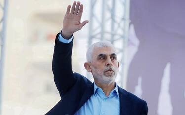 April 14, 2023, Gaza, Palestine: Yahya Sinwar, head of the Palestinian Islamic movement Hamas in the Gaza Strip, waves his hand to the crowd during the celebration of International Quds Day in Gaza City. Iran's leader delivered a historic address to the Palestinian people of Gaza, telling them to stick up to the fighting against Israel in a speech that reflected his country's support for the territory's ruling Hamas militant group. Al-Quds (Jerusalem) Day, is a commemorative day in support of the Palestinian people held annually on the last Friday of the Muslim fasting month of Ramadan by an initiative started by the late founder of the Islamic Republic in Iran. (Credit Image: © Yousef Masoud/SOPA Images via ZUMA Press Wire)