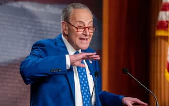 epa10453037 Senate Majority Leader Chuck Schumer delivers remarks during a press conference to preview the US President's upcoming State of the Union address in the Senate Studio of the US Capitol in Washington, DC, USA, 07 January 2023. The US President delivers his second State of the Union address on 07 February and is attempting to thwart concerns about the economy and his leadership.  EPA/SHAWN THEW