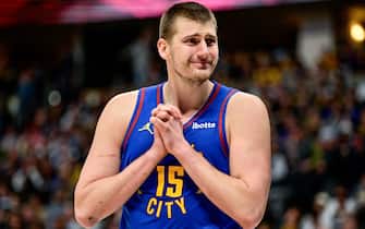 DENVER, COLORADO - MARCH 9: Nikola Jokic #15 of the Denver Nuggets reacts to a referee decision in the second half of a game against the Utah Jazz at Ball Arena on March 9, 2024 in Denver, Colorado. (Photo by Dustin Bradford/Getty Images)