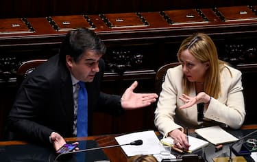 Italian Prime Minister, Giorgia Meloni (R) with Minister for European Affairs, Raffaele Fitto (L), as she delivered a speech at the Lower House ahead of the upcoming European Council meeting scheduled for 23-24 March, Rome, Italy, 22 March 2023. ANSA/RICCARDO ANTIMIANI