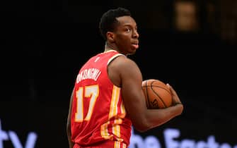 ATLANTA, GA - APRIL 7: Onyeka Okongwu #17 of the Atlanta Hawks looks on during the game against the Memphis Grizzlies on April 7, 2021 at State Farm Arena in Atlanta, Georgia.  NOTE TO USER: User expressly acknowledges and agrees that, by downloading and/or using this Photograph, user is consenting to the terms and conditions of the Getty Images License Agreement. Mandatory Copyright Notice: Copyright 2021 NBAE (Photo by Adam Hagy/NBAE via Getty Images)