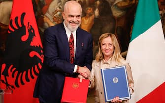 Italy's Prime Minister Giorgia Meloni, as he meets Albania ’s Prime Minister Edi Rama at Chigi Palace, in Rome, Italy 6 November 2023. ANSA/GIUSEPPE LAMI