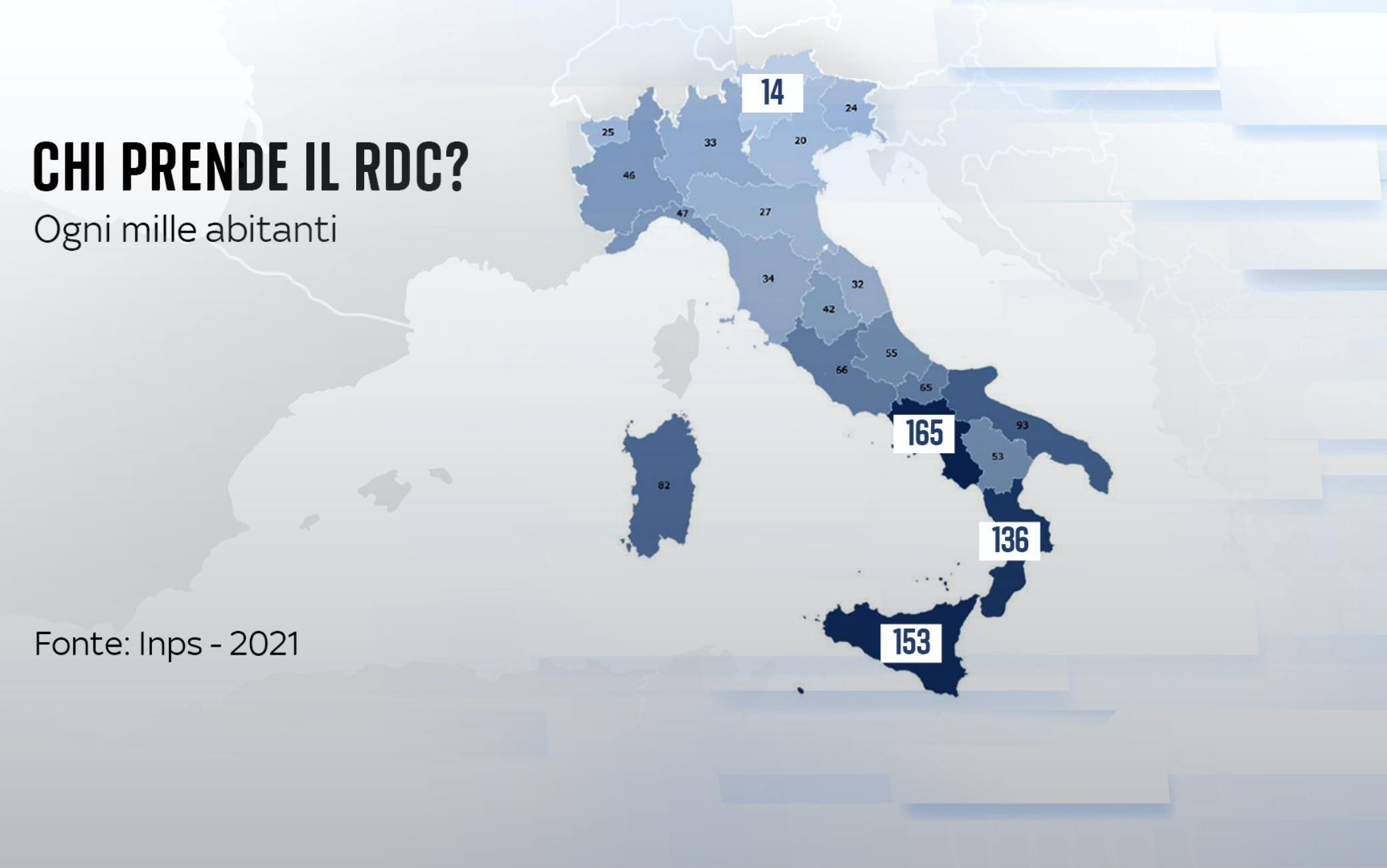Grafica sulla distribuzione geografica dell'Rdc I numeri sul reddito di cittadinanza
