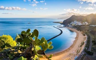 Amazing view of beach las Teresitas with yellow sand. Location: Santa Cruz de Tenerife, Tenerife, Canary Islands. Artistic picture. Beauty world.