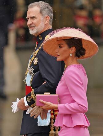 King Felipe VI and Queen Letizia of Spain arriving ahead of the coronation ceremony of King Charles III and Queen Camilla at Westminster Abbey, central London. Picture date: Saturday May 6, 2023.