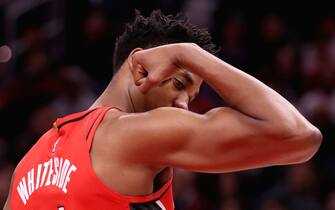 WASHINGTON, DC - JANUARY 03: Hassan Whiteside #21 of the Portland Trail Blazers celebrates after scoring against the Washington Wizards in the first half at Capital One Arena on January 03, 2020 in Washington, DC. NOTE TO USER: User expressly acknowledges and agrees that, by downloading and/or using this photograph, user is consenting to the terms and conditions of the Getty Images License Agreement. (Photo by Rob Carr/Getty Images)