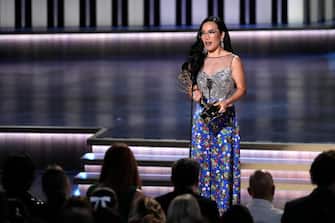 Jan 15, 2024; Los Angeles, CA, USA; Ali Wong accepts the award for outstanding lead actress in a limited or anthology series or movie during the 75th Emmy Awards at the Peacock Theater in Los Angeles on Monday, Jan. 15, 2024. Mandatory Credit: Robert Hanashiro-USA TODAY/Sipa USA