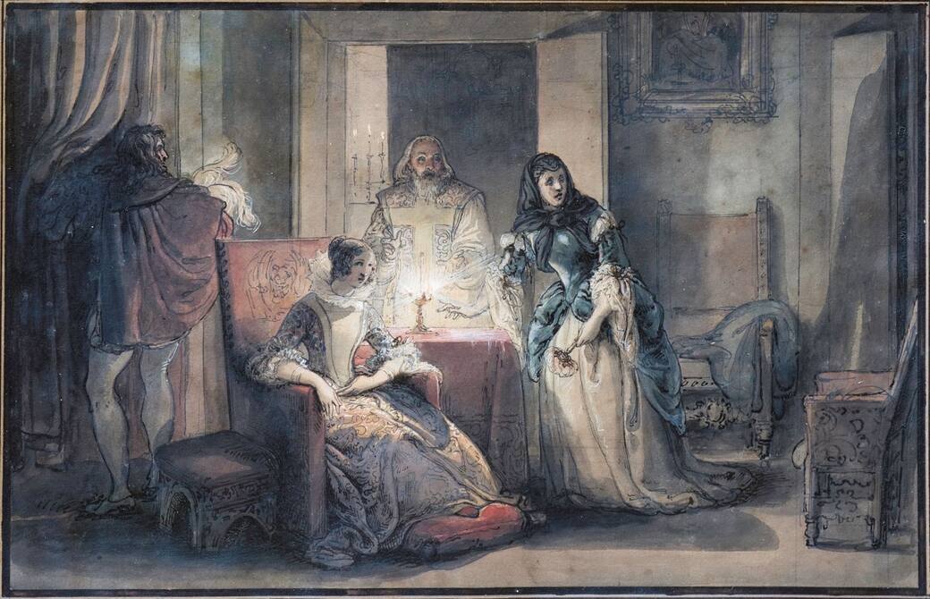 Francesco Hayez, Un episodio de Il bravo di James Fenimore Cooper, 1832 circa, Penna e inchiostro, acquarello su carta, rialzi di bianco, Abano Terme, Museo Villa Bassi Rathgeb