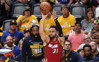 DENVER, CO - JUNE 1: Max Strus #31 of the Miami Heat shoots the ball during the game against the Denver Nuggets during Game One of the 2023 NBA Finals on June 1, 2023 at the Ball Arena in Denver, Colorado. NOTE TO USER: User expressly acknowledges and agrees that, by downloading and/or using this Photograph, user is consenting to the terms and conditions of the Getty Images License Agreement. Mandatory Copyright Notice: Copyright 2023 NBAE (Photo by Joe Murphy/NBAE via Getty Images)