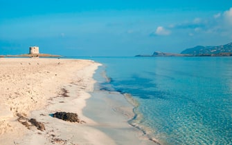 La Pelosa Beach and La Pelosa Tower. Stintino. North Sardinia. Italy. Europe. (Photo by: Enrico Spanu/REDA/Universal Images Group via Getty Images)