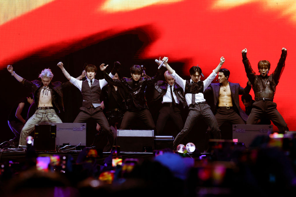 INDIO, CALIFORNIA - APRIL 19: (FOR EDITORIAL USE ONLY) (L-R) Song Min-gi, Jeong Yun-ho, Seonghwa, Choi Jong-ho, Kim Hong Joong, Wooyoung, San, and Kang Yeo-sang of ATEEZ perform at the Sahara Tent during the 2024 Coachella Valley Music and Arts Festival at Empire Polo Club on April 19, 2024 in Indio, California. (Photo by Frazer Harrison/Getty Images for Coachella)