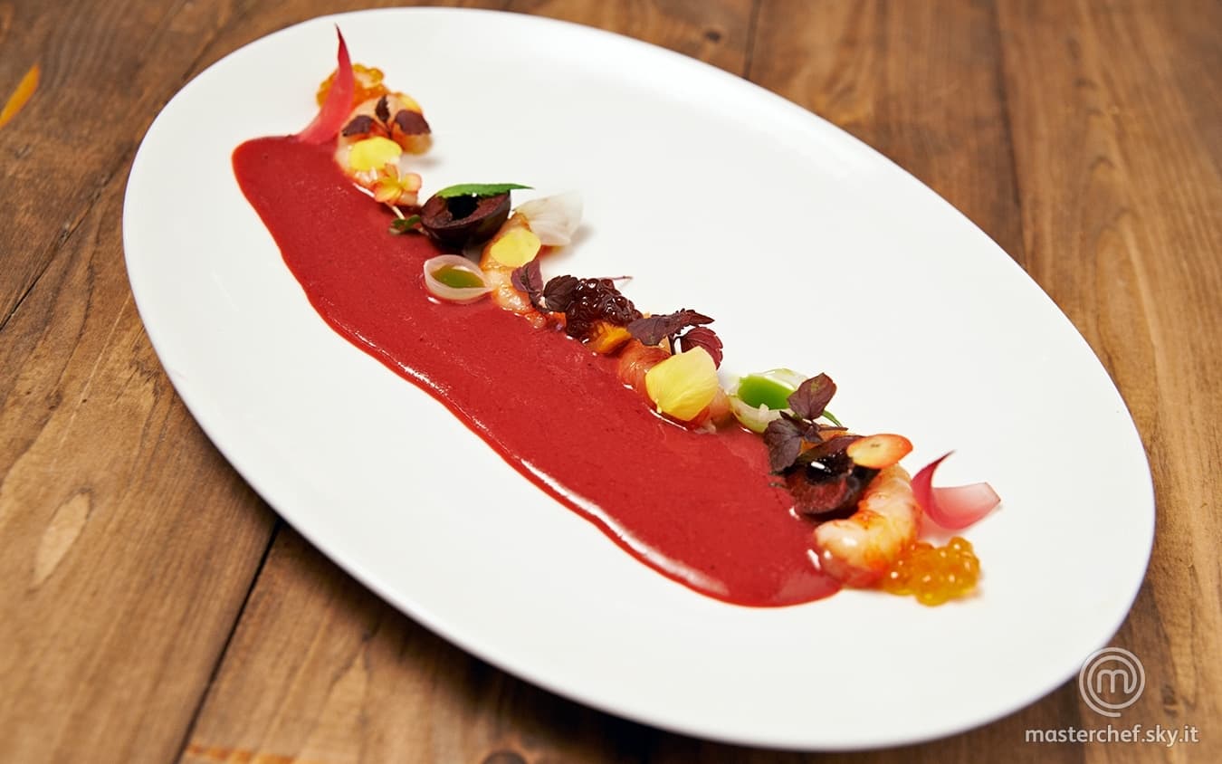 Gazpacho di ciliegie con gamberi confit