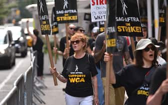 NEW YORK, NY - JULY 18: Susan Sarandon walks the picket line in support of the SAG-AFTRA and WGA strike on July 18, 2023 in New York City.  (Photo by NDZ/Star Max/GC Images)