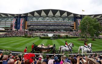 ASCOT, ENGLAND - JUNE 20: Carriage carrying King Charles III and Queen Camilla, The Duke of Wellington and The Duchess of Wellington on day one during Royal Ascot 2023 at Ascot Racecourse on June 20, 2023 in Ascot, England. (Photo by Tom Dulat/Getty Images for Ascot Racecourse)