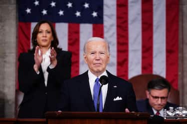 US President Joe Biden during a State of the Union address at the US Capitol in Washington, DC, US, on Thursday, March 7, 2024. Election-year politics will increase the focus on Bidens remarks and lawmakers reactions, as hes stumping to the nation just months before voters will decide control of the House, Senate, and White House. Photographer: Shawn Thew/EPA/Bloomberg via Getty Images