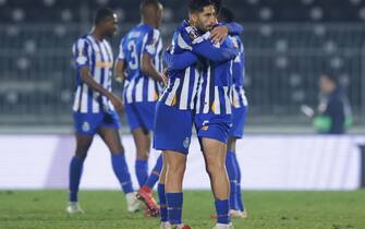 epa11865186 Porto's Stephen Eustaquio (R) and Alan Varela (L) celebrate after the UEFA Europa League match between Maccabi Tel Aviv and FC Porto in Belgrade, Serbia, 30 January 2025.  EPA/ANDREJ CUKIC