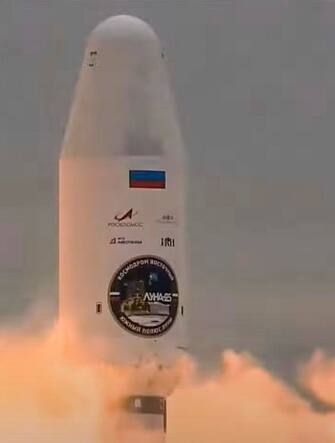 epa10794191 A handout still image taken from a video made available by the Roscosmos State Space Corporation shows the Soyuz-2.1b rocket with the moon lander Luna 25 (Moon) automatic station as it takes off from a launch pad at the Vostochny Cosmodrome, outside the city of Tsiolkovsky, some 180 km north of Blagoveschensk, in the far eastern Amur region, Russia, 11 August 2023. The Soyuz rocket with the first lunar spacecraft in the history of modern Russia was launched from the Vostochny Cosmodrome. Luna-25 will be the first station in the world to land in the near-polar zone of the Moon, on difficult terrain.  EPA/ROSCOSMOS STATE SPACE CORPORATION/HANDOUT HANDOUT EDITORIAL USE ONLY/NO SALES HANDOUT EDITORIAL USE ONLY/NO SALES