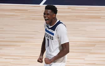 MINNEAPOLIS, MN -  APRIL 23: Anthony Edwards #1 of the Minnesota Timberwolves celebrates during Round One Game Four of the 2023 NBA Playoffs against the Denver Nuggets on April 23, 2023 at Target Center in Minneapolis, Minnesota. NOTE TO USER: User expressly acknowledges and agrees that, by downloading and or using this Photograph, user is consenting to the terms and conditions of the Getty Images License Agreement. Mandatory Copyright Notice: Copyright 2023 NBAE (Photo by Jordan Johnson/NBAE via Getty Images)