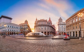 GENOA, ITALY - DECEMBER 30, 2021: Piazza De Ferrari at the fountain in the morning.