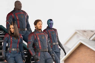 (L-R): Pom Klementieff as Mantis, Dave Bautista as Drax, Chris Pratt as Peter Quill/Star-Lord, and Karen Gillan as Nebula in Marvel Studios' Guardians of the Galaxy Vol. 3. Photo by Jessica Miglio. © 2023 MARVEL.