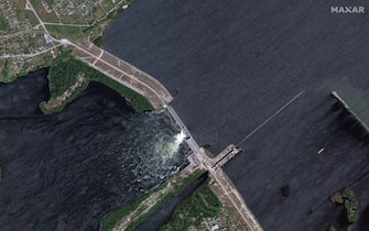 Satellite imagery from June 5 shows clear damage to the Nova Kakhovka hydroelectric power plant dam in UkraineÂ?s Kherson region, 6 June 2023. ANSA/MAXAR +++ NO SALES, EDITORIAL USE ONLY +++ NPK +++