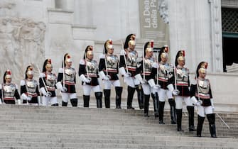 A moment of the wreath-laying ceremony at the Altar of the Fatherland (Altare della Patria) during celebration for the  79th Liberation Day, in Rome, Italy, 25 April 2024. ANSA/GIUSEPPE LAMI