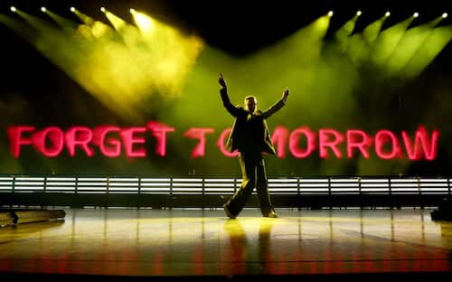 NEW YORK, NEW YORK - OCTOBER 07: Justin Timberlake performs on stage during the 'Forget Tomorrow' World Tour at Barclays Center on October 07, 2024 in New York City. (Photo by Kevin Mazur/Getty Images for Live Nation)