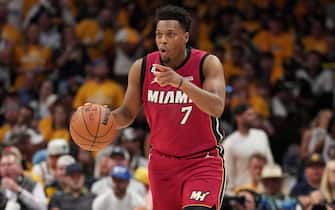 DENVER, CO - JUNE 1: Kyle Lowry #7 of the Miami Heat dribbles the ball during Game One of the 2023 NBA Finals against the Denver Nuggets on June 1, 2023 at the Ball Arena in Denver, Colorado. NOTE TO USER: User expressly acknowledges and agrees that, by downloading and/or using this Photograph, user is consenting to the terms and conditions of the Getty Images License Agreement. Mandatory Copyright Notice: Copyright 2023 NBAE (Photo by Jesse D. Garrabrant/NBAE via Getty Images)