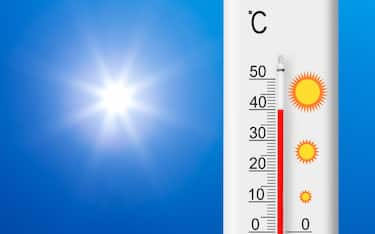 Celsius scale thermometer shows plus 40 degrees . Yellow sun in blue sky. Summer heat