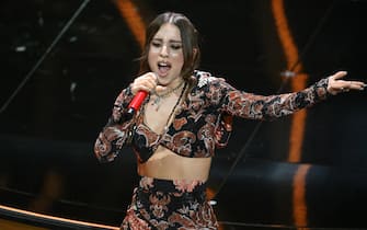 Italian singer Angelina Mango performs on stage at the Ariston theatre during the 74th Sanremo Italian Song Festival, Sanremo, Italy, 08 February 2024. The music festival will run from 06 to 10 February 2024.  ANSA/ETTORE FERRARI
