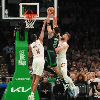 BOSTON, MA - MAY 15: Jayson Tatum #0 of the Boston Celtics drives to the basket during the game  against the Cleveland Cavaliers during Round 2 Game 5 of the 2024 NBA Playoffs on May 15, 2024 at the TD Garden in Boston, Massachusetts. NOTE TO USER: User expressly acknowledges and agrees that, by downloading and or using this photograph, User is consenting to the terms and conditions of the Getty Images License Agreement. Mandatory Copyright Notice: Copyright 2024 NBAE  (Photo by Jesse D. Garrabrant/NBAE via Getty Images)