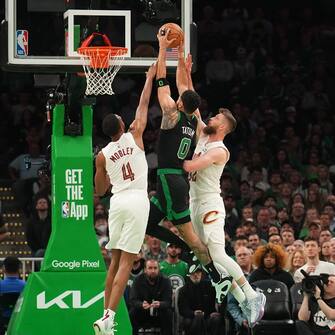 BOSTON, MA - MAY 15: Jayson Tatum #0 of the Boston Celtics drives to the basket during the game  against the Cleveland Cavaliers during Round 2 Game 5 of the 2024 NBA Playoffs on May 15, 2024 at the TD Garden in Boston, Massachusetts. NOTE TO USER: User expressly acknowledges and agrees that, by downloading and or using this photograph, User is consenting to the terms and conditions of the Getty Images License Agreement. Mandatory Copyright Notice: Copyright 2024 NBAE  (Photo by Jesse D. Garrabrant/NBAE via Getty Images)