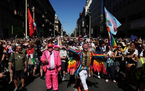BUDAPEST, HUNGARY - JUNE 28: Participants take part in the Budapest Pride on June 28, 2025 in Budapest, Hungary. Early in 2025, Hungary passed a law restricting the freedom of assembly by connecting it to a previous law from 2021 prohibiting the public portrayal to children of 'divergence from self-identity corresponding to sex at birth, sex change or homosexuality'. Consequently, events such as Pride marches are illegal in the country. The LGBTQ+ community are defying the ban and holding their Pride event on the streets of Budapest. (Photo by Janos Kummer/Getty Images)