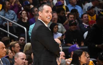 LOS ANGELES, CA - NOVEMBER 17: Head Coach, Frank Vogel of the Los Angeles Lakers smiles during the game against the Atlanta Hawks on November 17, 2019 at STAPLES Center in Los Angeles, California. NOTE TO USER: User expressly acknowledges and agrees that, by downloading and/or using this Photograph, user is consenting to the terms and conditions of the Getty Images License Agreement. Mandatory Copyright Notice: Copyright 2019 NBAE (Photo by Andrew D. Bernstein/NBAE via Getty Images)