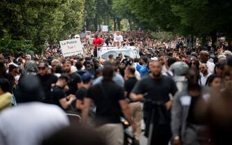 Mounia, the mother of Nahel, 17, who was shot by a police officer, during a demonstration in the Nanterre suburb of Paris, France, on Thursday, June 29, 2023. French authorities were bracing for another night of protests Thursday over the police killing of a teenager earlier this week after unrest spread beyond Paris' suburbs. Photographer: Benjamin Girette/Bloomberg