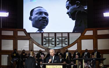 US President Joe Biden speaks at Ebenezer Baptist Church in Atlanta, Georgia, on January 15, 2023, the eve of the national holiday honoring civil rights leader Martin Luther King, Jr. - King was co-pastor of the church from 1960 until his assassination in 1968. (Photo by Brendan SMIALOWSKI / AFP) (Photo by BRENDAN SMIALOWSKI/AFP via Getty Images)
