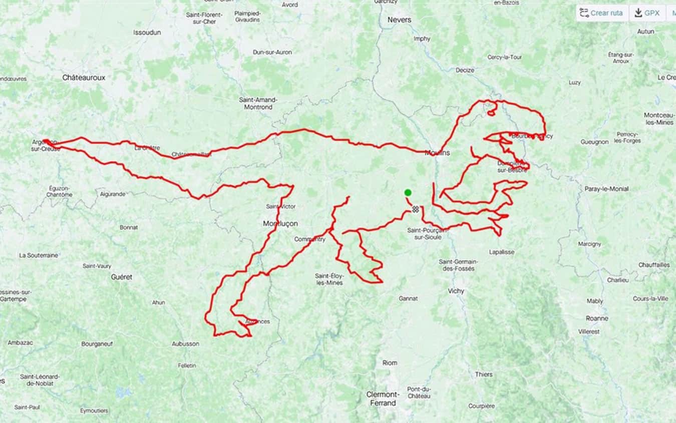 Il percorso a forma di dinosauro disegnato dai 4 ciclisti francesi mappa dinosauro