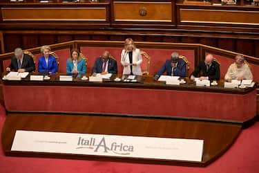 Italy's Prime Minister, Giorgia Meloni (C) addresses the guests of the Italy-Africa international conference 'A bridge for common growth' at the Italian Senate in Rome on January 29, 2024. (Photo by Andreas SOLARO / AFP) (Photo by ANDREAS SOLARO/AFP via Getty Images)