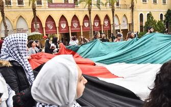 Students are taking part in a pro-Palestinian demonstration at the American University of Beirut (AUB) on April 30, 2024, amid the ongoing conflict between Israel and the militant Hamas group. (Photo by Fadel Itani/NurPhoto via Getty Images)