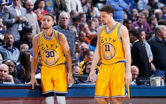 INDIANAPOLIS, IN - DECEMBER 8: Stephen Curry #30 and Klay Thompson #11 of the Golden State Warriors look on against the Indiana Pacers during a game at Bankers Life Fieldhouse on December 8, 2015 in Indianapolis, Indiana. The Warriors defeated the Pacers 131-123. NOTE TO USER: User expressly acknowledges and agrees that, by downloading and or using the photograph, User is consenting to the terms and conditions of the Getty Images License Agreement. (Photo by Joe Robbins/Getty Images) 
