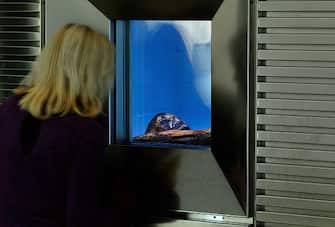 Otzi's refrigeration chamber, the Similaun mummy, South Tyrol Museum of Archaeology, Bolzano, Trentino-Alto Adige, Italy.