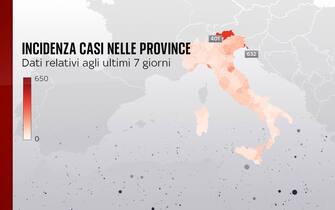 Incidenza di casi Covid nelle province italiane negli ultimi 7 giorni