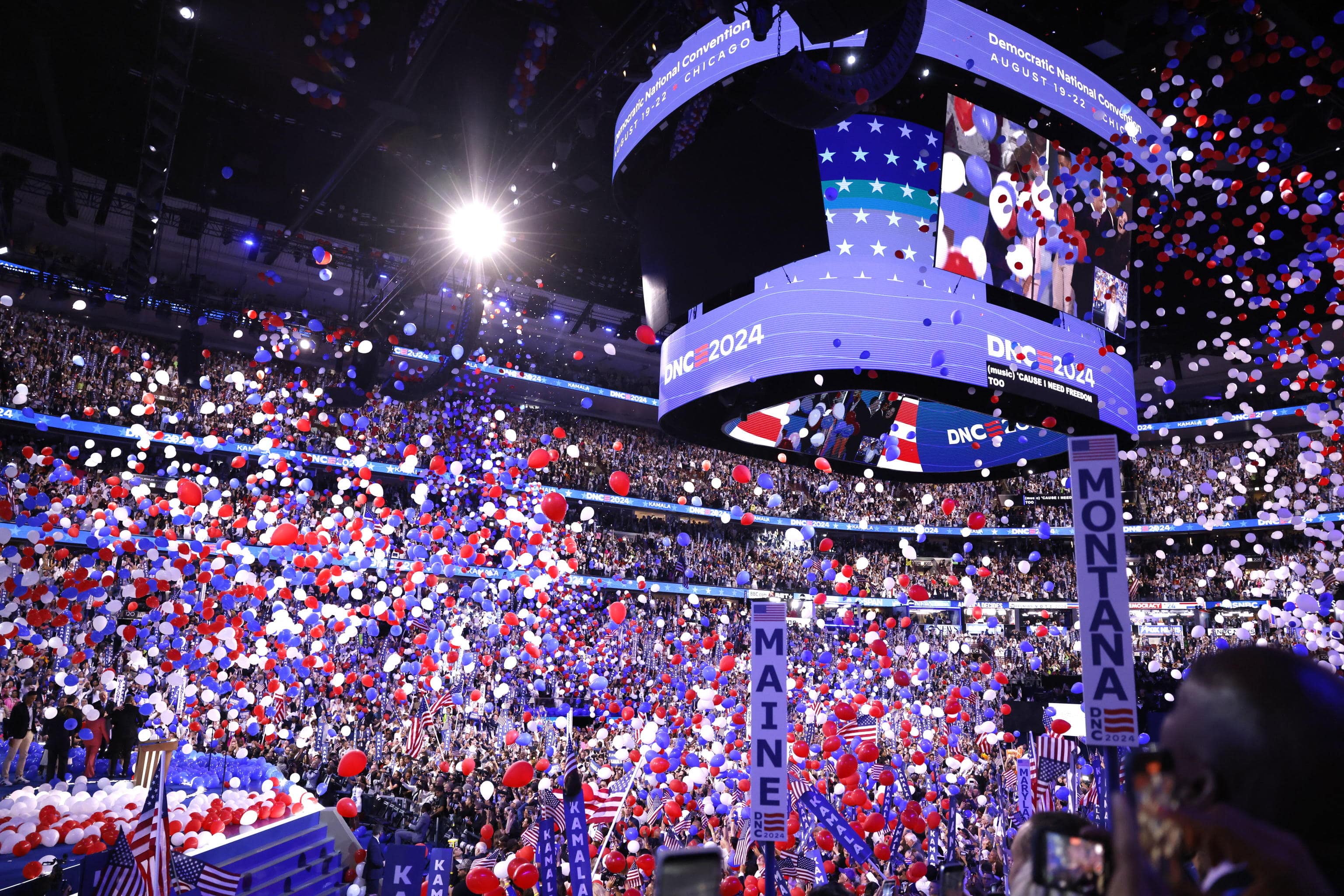 epa11560990 Balloons drop after Democratic presidential candidate Kamala Harris delivered her keynote speech on the final night of the Democratic National Convention (DNC) at the United Center in Chicago, Illinois, USA, 22 August 2024. The 2024 Democratic National Convention is being held 19 to 22 August 2024 in which delegates of the United States' Democratic Party will vote on the party's platform and ceremonially vote for the party's nominees for president and vice president, Vice President Kamala Harris and Governor Tim Walz of Minnesota, for the upcoming presidential election.  EPA/CAROLINE BREHMAN