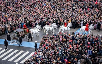 epa11076048 Denmark's Queen Margrethe is escorted by the Guard Hussar Regiment's Mounted Squadron from Amalienborg Castle to Christiansborg Castle for her abdication and change of throne in Copenhagen, Denmark, 14 January 2024. Denmark's Queen Margrethe II announced in her New Year's speech on 31 December 2023 that she would abdicate on 14 January 2024, the 52nd anniversary of her accession to the throne. Her eldest son, Crown Prince Frederik, is set to succeed his mother on the Danish throne as King Frederik X. His son, Prince Christian, will become the new Crown Prince of Denmark following his father's coronation.  EPA/IDA MARIE ODGAARD DENMARK OUT