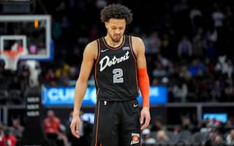 DETROIT, MICHIGAN - DECEMBER 26: Cade Cunningham #2 of the Detroit Pistons looks down during the last minute of the fourth quarter against the Brooklyn Nets at Little Caesars Arena on December 26, 2023 in Detroit, Michigan. The Detroit Pistons went on to lose against the Brooklyn Nets for their 27th consecutive loss in the season. NOTE TO USER: User expressly acknowledges and agrees that, by downloading and or using this photograph, User is consenting to the terms and conditions of the Getty Images License Agreement. (Photo by Nic Antaya/Getty Images)
