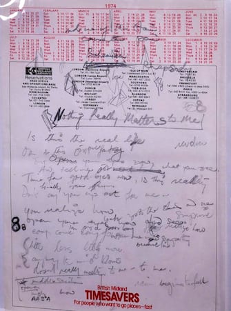 A manuscript of working lyrics for 'Bohemian Rhapsody', autographed by British singer-songwriter Freddie Mercury, is displayed during the media preview for "Freddie Mercury: A World of His Own: The Evening Sale" at Sotheby's in New York City on June 1, 2023. More than 1,500 items from Mercury's private collection, including costumes and unique objects as well as the draft lyrics, will feature in the eventual auctions on September 6-8 in London and online August 4-September 11. The auction is expected to fetch at least Â£6 million ($7.5 million). (Photo by TIMOTHY A. CLARY / AFP) (Photo by TIMOTHY A. CLARY/AFP via Getty Images)