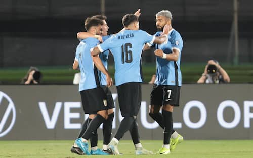 epa11723784 Players of Uruguay celebrate a goal during a 2026 FIFA World Cup South American qualifier match between Uruguay and Colombia, at the Centenario stadium, in Montevideo, Uruguay, 15 November 2024.  EPA/GASTON BRITOS